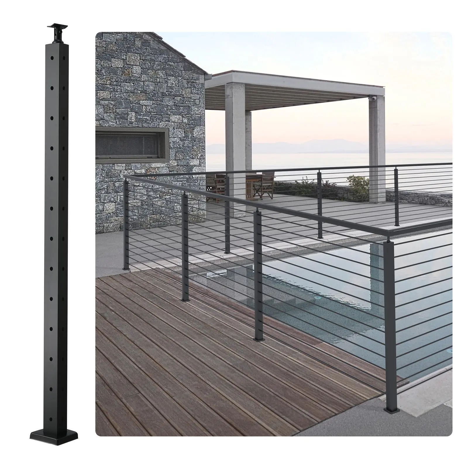 【SummerFinds】VEVOR Cable Railing Post,  42" x 1" x 2" Steel L-Shaped Hole Corner Railing Post, 12 Pre-Drilled Holes, SUS304 Stainless Steel Cable Rail Post with Horizontal and Curved Bracket, 1JZLGZHS1067CSWRBV0