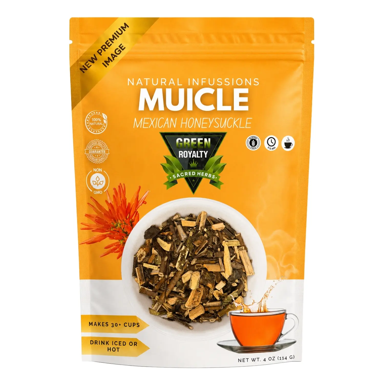 Green Royalty Mexican Honeysuckle (Muicle Hierba) 4oz Organic Natural Loose Leaf Wellness Tea - Relaxing, Caffeine-Free, Unsweetened Herbal Beverage