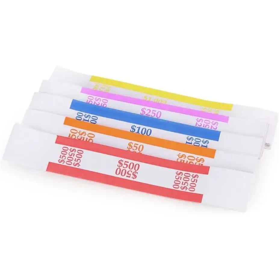 Self-Sealing Currency Straps - Pack of 250 Assorted Money Bill Wrappers (50 of Each) for Organized Use at Restaurants, Exchange Companies, Office Counters