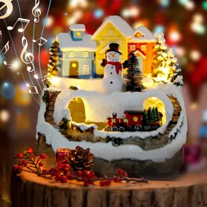 Music Resin Snowman Christmas Village Statue with Rotating Train LED Light, Collectible Building Decoration, Battery and USB Indoor Holiday Decor