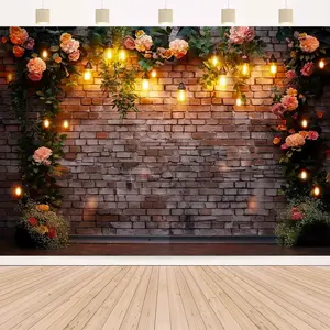 Floral Brick Wall Backdrop Polyester - Versatile Photography Background for Weddings, Birthdays, Anniversaries, Cake Tables, Parties - No Electricity Needed, Suitable for Christmas, New Year, Vale