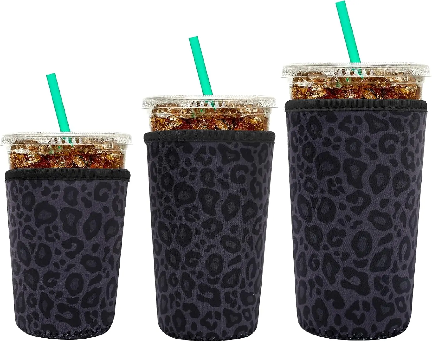 Reusable Neoprene Insulator Sleeve for Iced Coffee Cups, 3 Pack Coffee Coolies sleeves for Iced & Hot Drinks, Cold Beverage Cooler Compatible with Starbucks Coffee and More (Black Leopard Print)