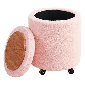 Round Storage Ottoman with Wheels, Rolling Vanity Stool, Soft Teddy Velvet Fabric, Multi-Function Stool