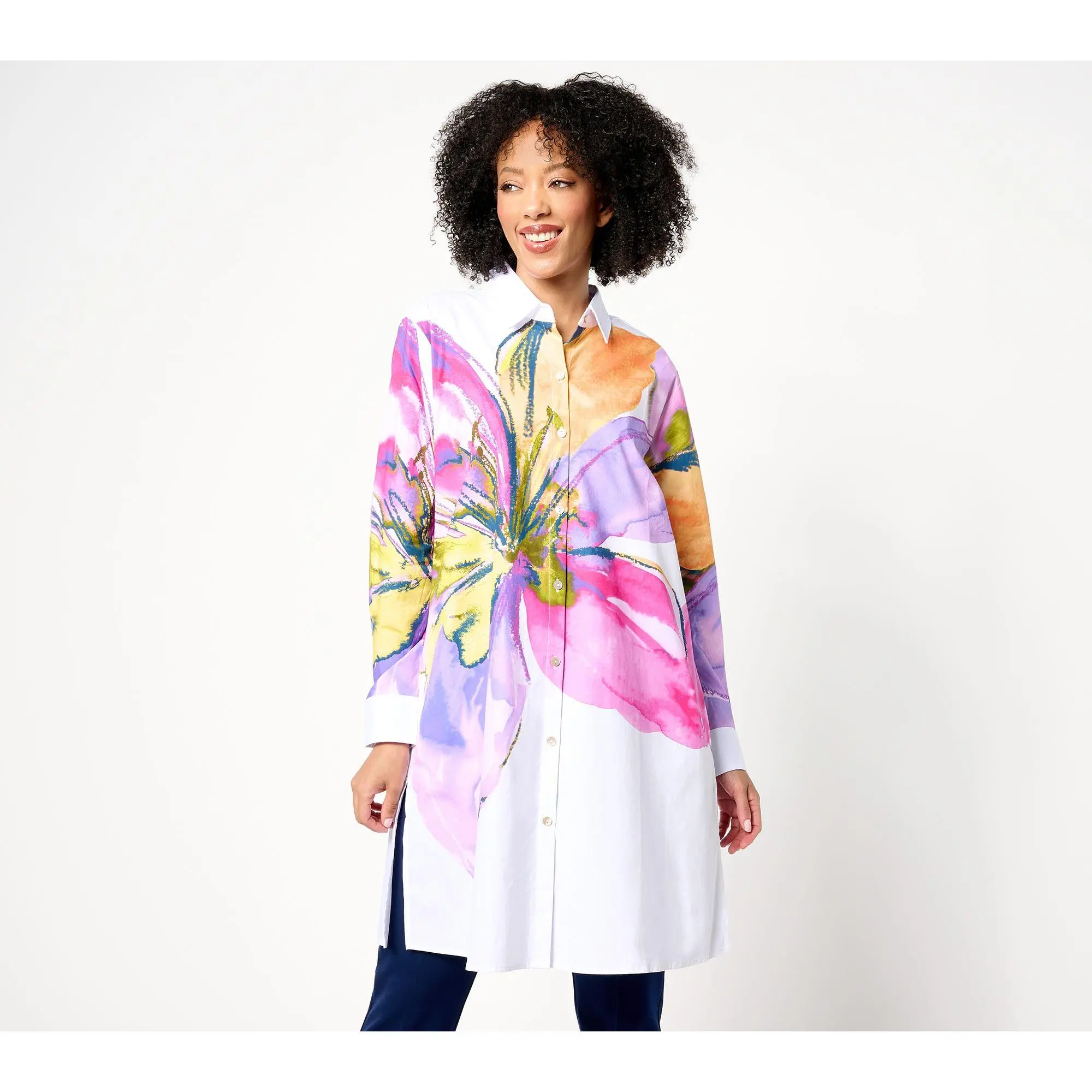 Susan Graver Regular Printed Stretch Poplin Button Front Duster