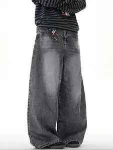 Men's American Vintage Denim Jeans, Loose Straight Fit Plain Casual Pants, High Street Style, Button Fly Closure, All Seasons Wear, Streetwear