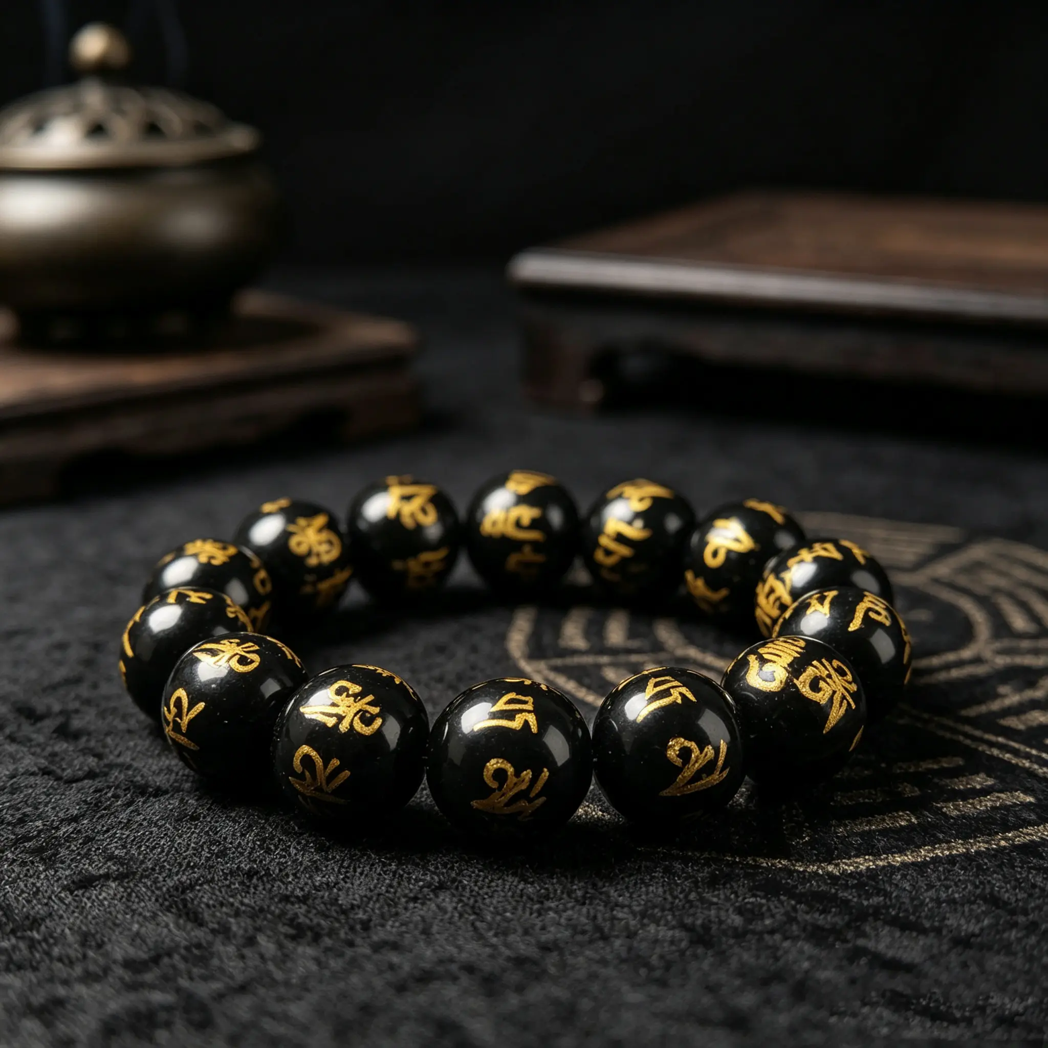 Black beaded bracelet with gold scripture inscriptions, exquisitely handcrafted, suitable for men and women, ideal for everyday wear and special occasions