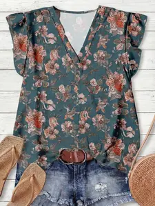 Women's Casual Retro Floral Pattern V-Neck Shirt Blouse, Perfect for Fall/spring, Bohemian Style, Loose Fit, Fashionable Ladies' Top