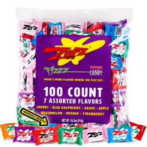 Fizzy Bulk Candy (Assorted, 100 Units) Hard Candy Individually Wrapped Assorted 7 Flavors, Cherry, Watermelon, Strawberry, Blue Raspberry, Apple, Orange Grape From Italy Since 1970