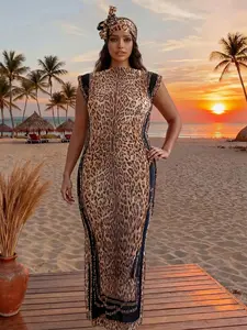 Women's Leopard Print Robe Set, Casual Long Dress & Headscarf, Beach Sun Protection Satin Scarf, All Seasons Fashion