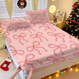 3-piece Pink Fitted Sheet Set With An All-over Bow Print Includes Two Pillowcases Without Inserts, Creating A Warm And Cozy Bedroom. A Soft And Comfortable Bedroom Bedding Gift, Decorative Bedsheet Sets, Complete Sheet Set