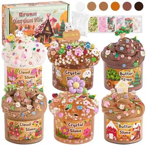 LAWOHO 6 Packs Brown Slime Kit - Cloud, Butter & Clear Slimes with Garden Add-ins, Crunchy Slime for Kids Party Favors for Girls and Boys, 360ml Slime Kits Birthday Halloween Christmas Easter Gifts