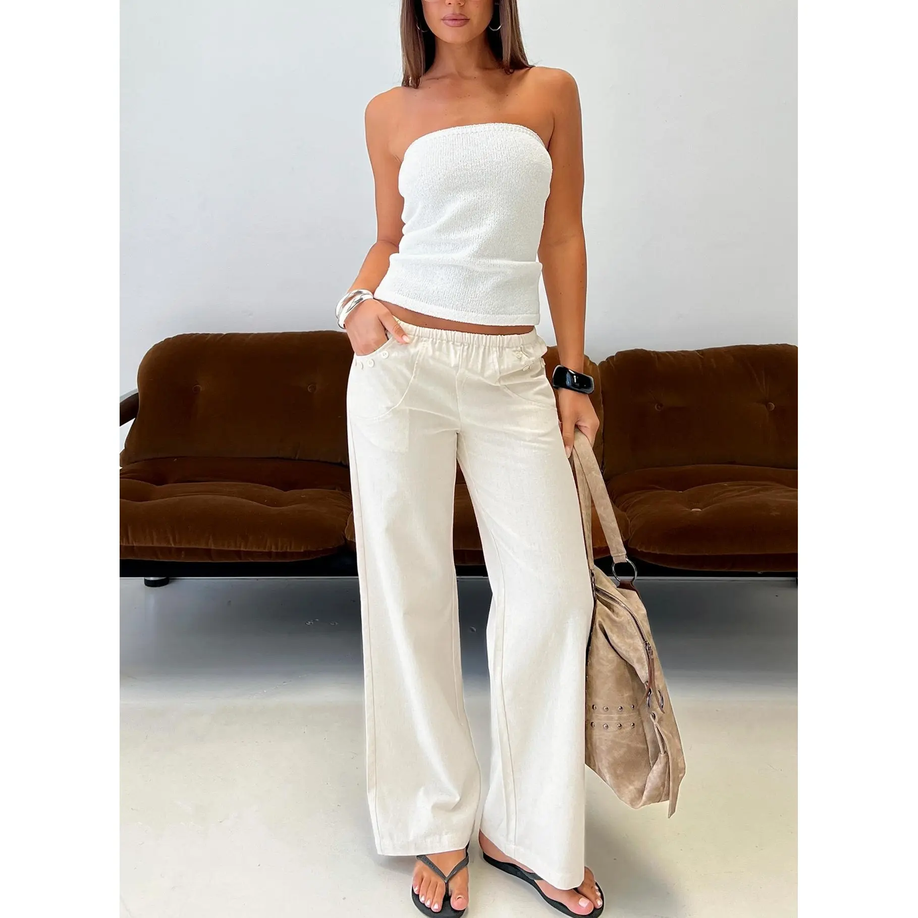 Around The Clock Button Detail Mid Rise Wide Leg Pants Cream