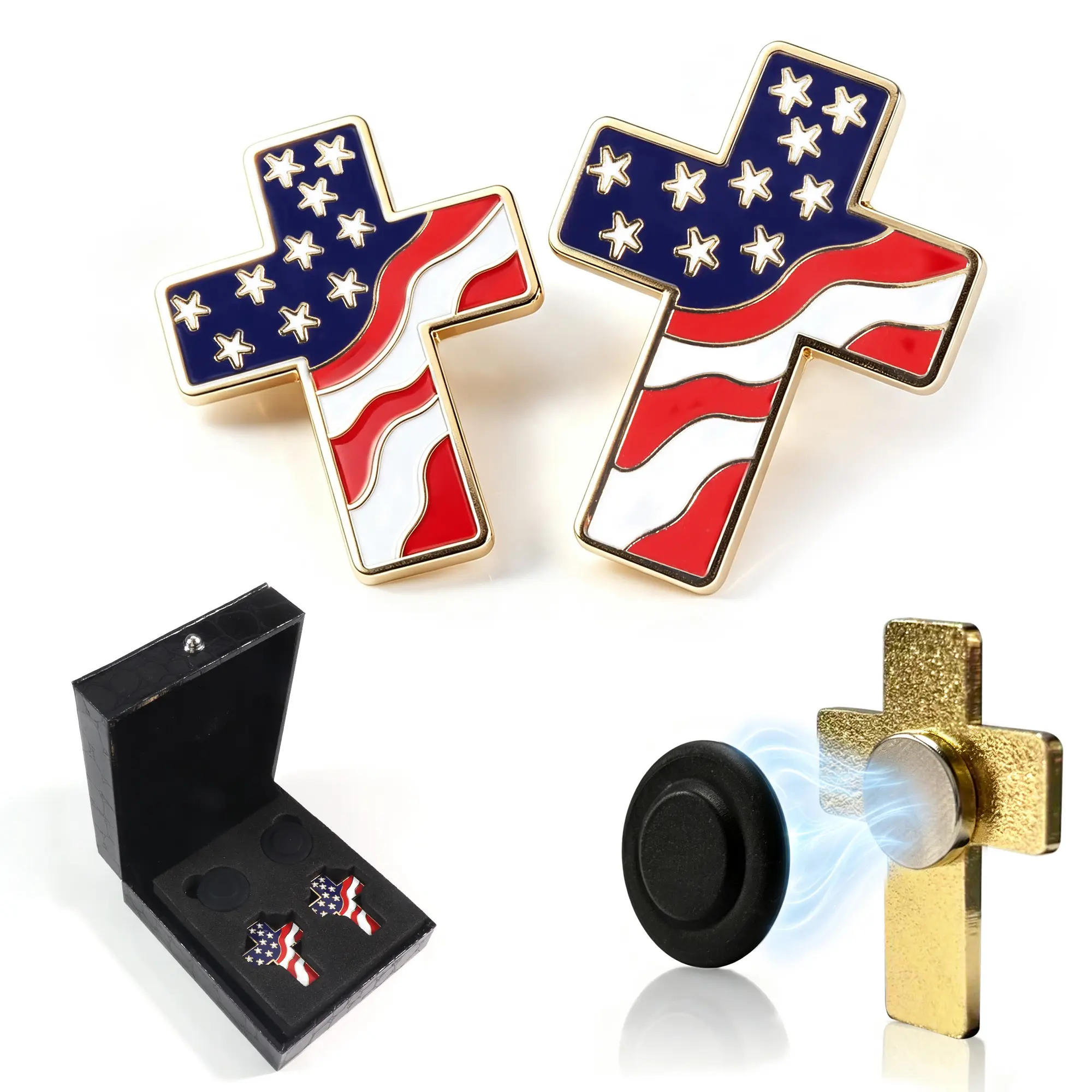 American Flag Cross Magnetic Brooch 2PCS With Gift Box, USA Flag Cross Lapel Pin, No-Piercing Enamel Badge For Clothes Backpack