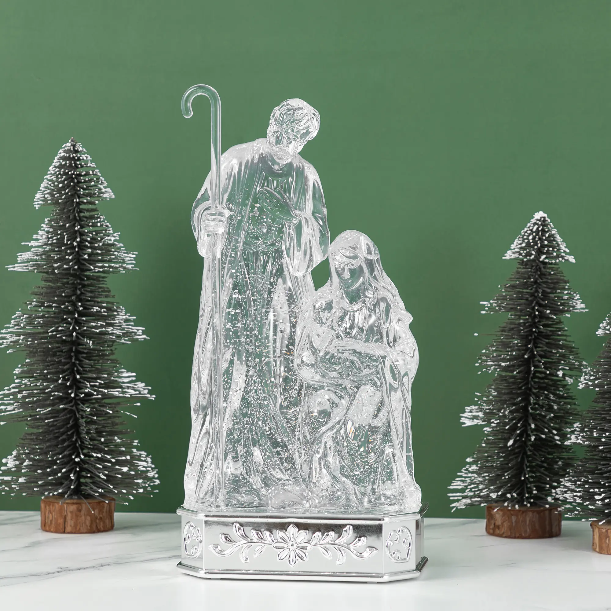 Glitzhome 12"H Luminous Acrylic Crystal Holly Family Waterglobe Decor with Timer, Festive Figurine for Magical Holiday Display