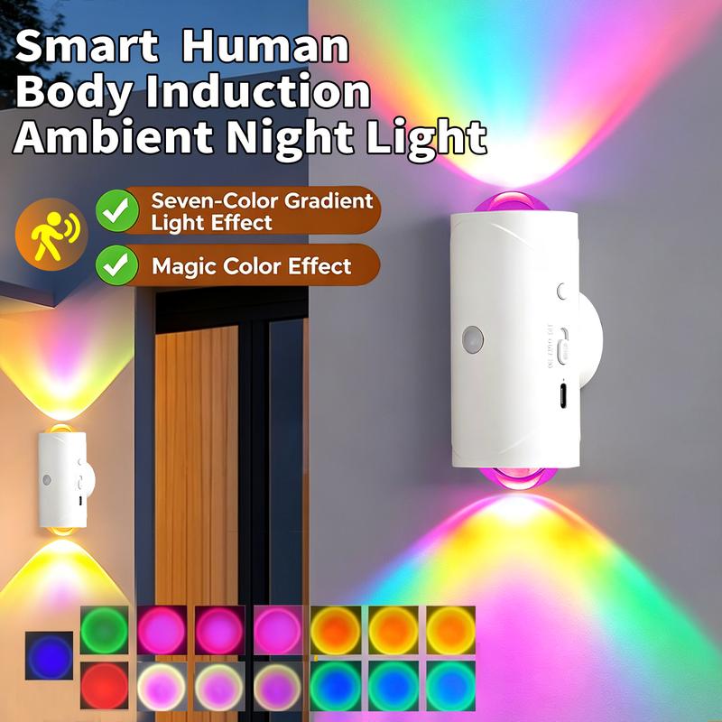 Smart Rechargeable LED Motion Sensor Night Light - RGB Gradient Ambient Dimmable Wall Lamp, Magnetic Stick-On Design, USB Charging, Long-Lasting Battery, Cool Gadgets for Home, Aesthetic Room & House Decor, Halloween, Bedroom