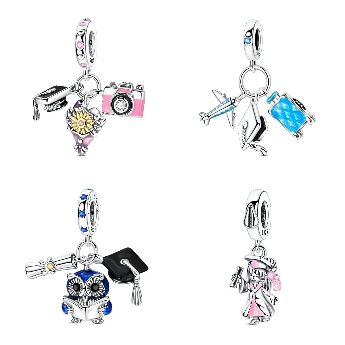 MULA Graduation Charm Collection, 925 Silver-Plated Enamel & CZ Dangle Pendants for Her with Graduation Cap, Flower & Camera Motifs, Compatible with Pandora Bracelets, Graduation Caps, Cameras