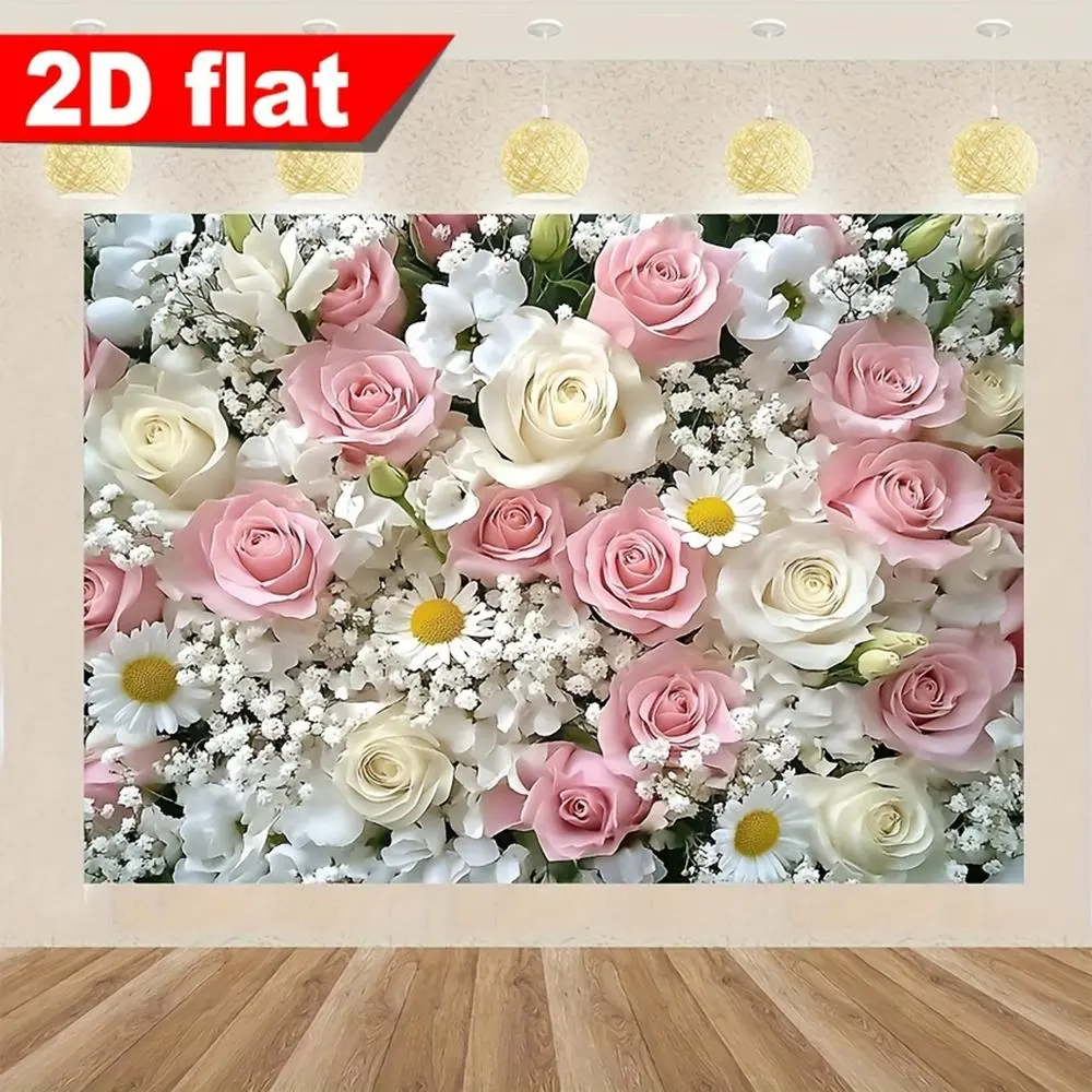 1pc Elegant Floral Print Polyester Wall Backdrop Banner - Pink & White Roses, Purple Wisteria, Flowers, Power-Free, Indoor/Outdoor, for Weddings, Photo Booths, Party Decorations