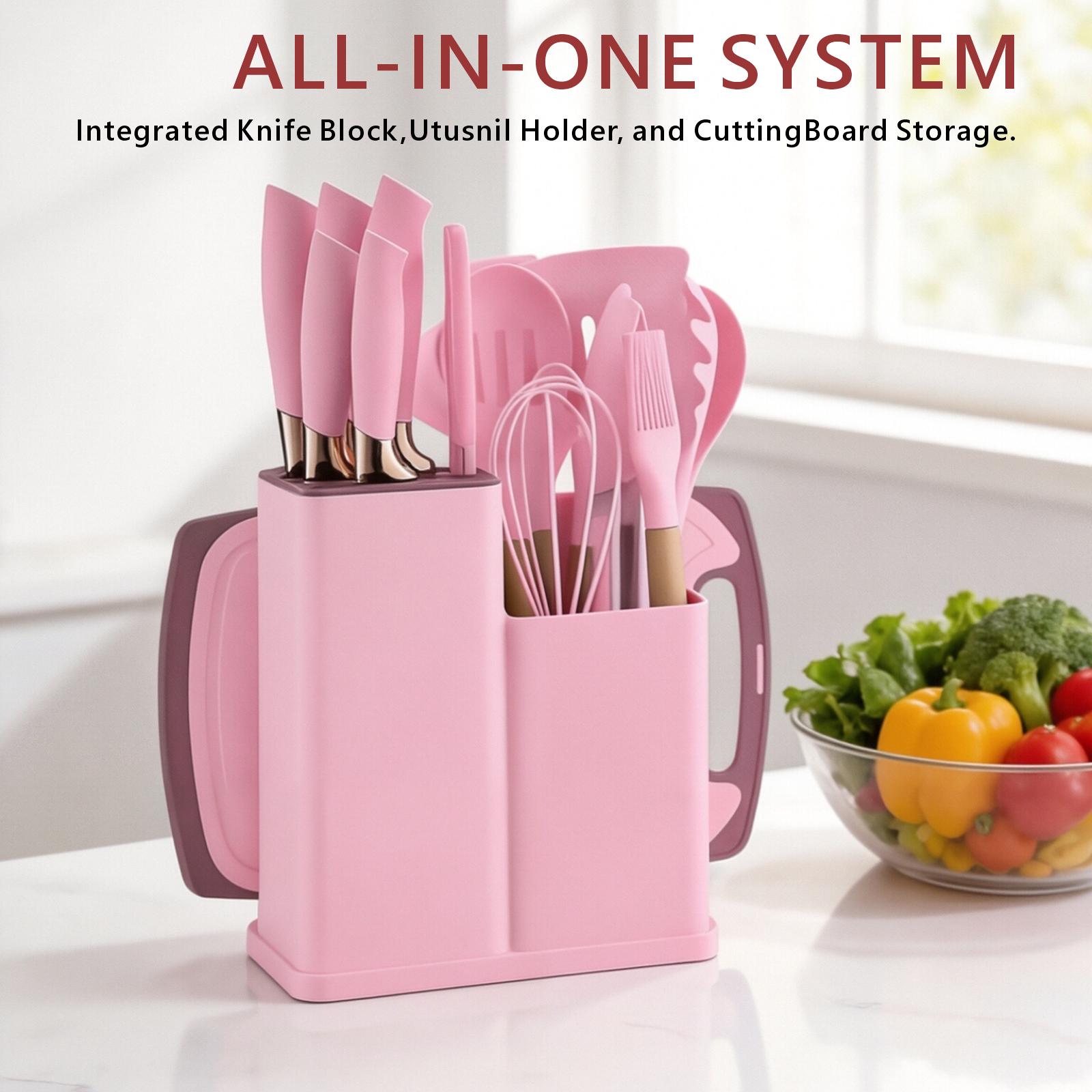 19-piece silicone kitchen utensil set, cooking tools with wooden handles, non-toxic, BPA-free, silicone spoon, rotating clamp, kitchen utensils, nonstick utensils with stand—an excellent choice for mothers, friends, or loved ones, kitchen soup ladle.