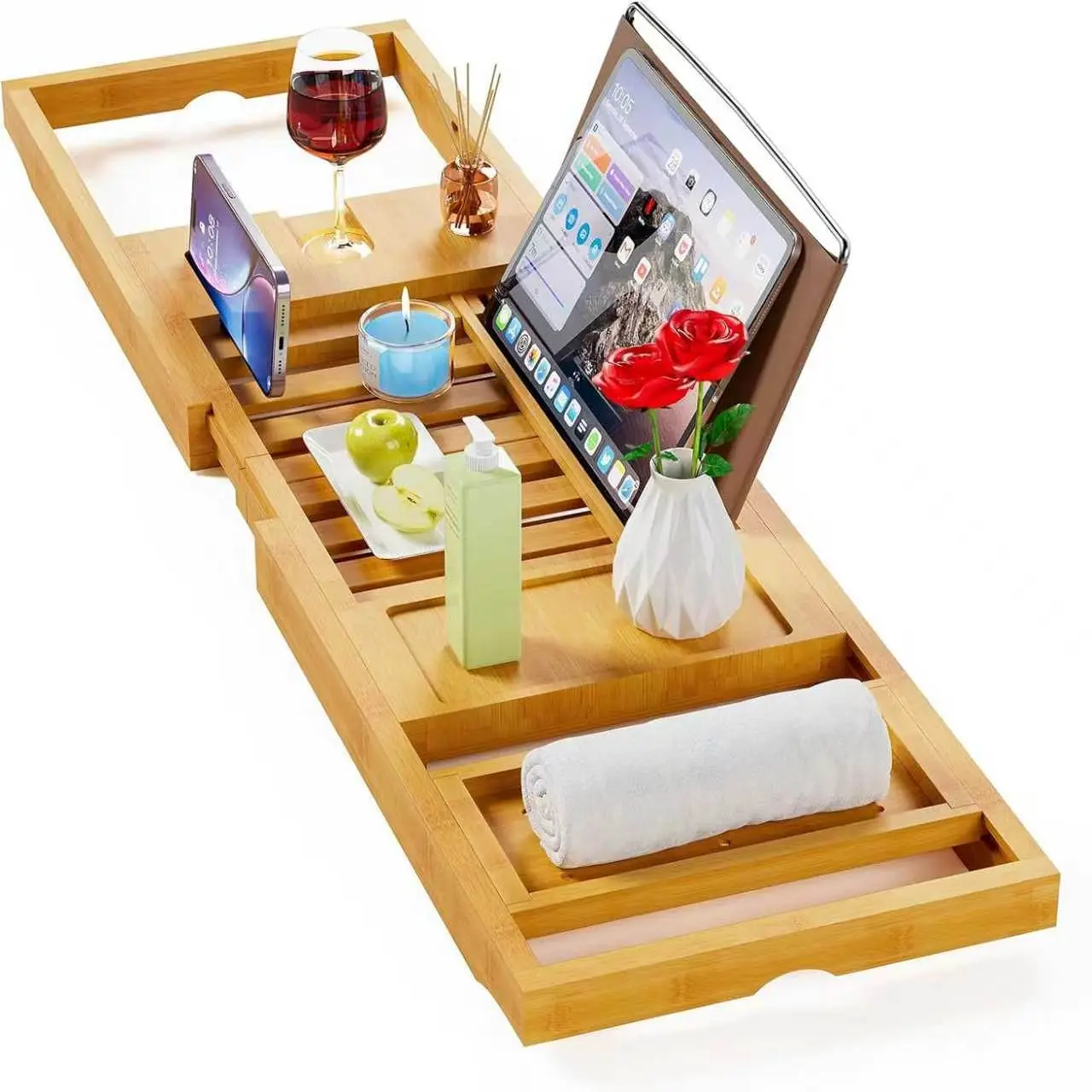 Premium Expandable Bamboo Bathtub Tray Bath Caddy with Wine Holder And Phone Slot for Reading Relaxation