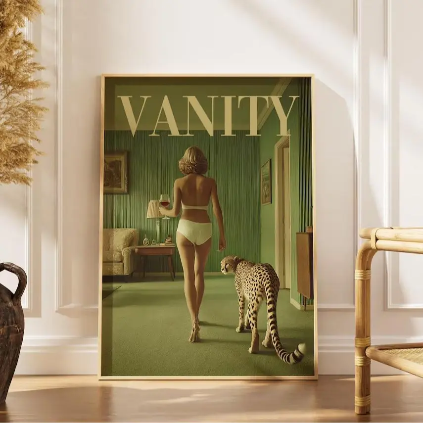 Vintage Surrealism Woman & Cheetah Durable Digital Poster - Artistic Modern Interior Space Accent, Bedroom Wall Decor, Vanity Fashion Magazine Style, Cheetah Print Animal Print Gift for Her Home Supplies