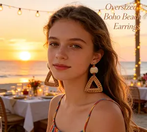 Women's Oversized Bohemian Geometric Woven Dangle Earrings - Retro Ethnic Braided Statement Jewelry, Coastal Boho & Colorful Retro Accessories for Summer Beach Vacation, Bohemian Earrings