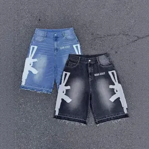 Men's Retro Washed Denim Shorts - Unisex Casual Loose Hip-Hop Patchwork Embroidered Summer Streetwear Bottom