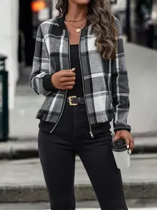 Women's Plaid Print Zip Up Bomber Jacket, Casual Long Sleeve Baseball Collar Outerwear for Spring & Fall, Ladies Clothes for Daily Wear, Casual Jackets, Zipper Jacket