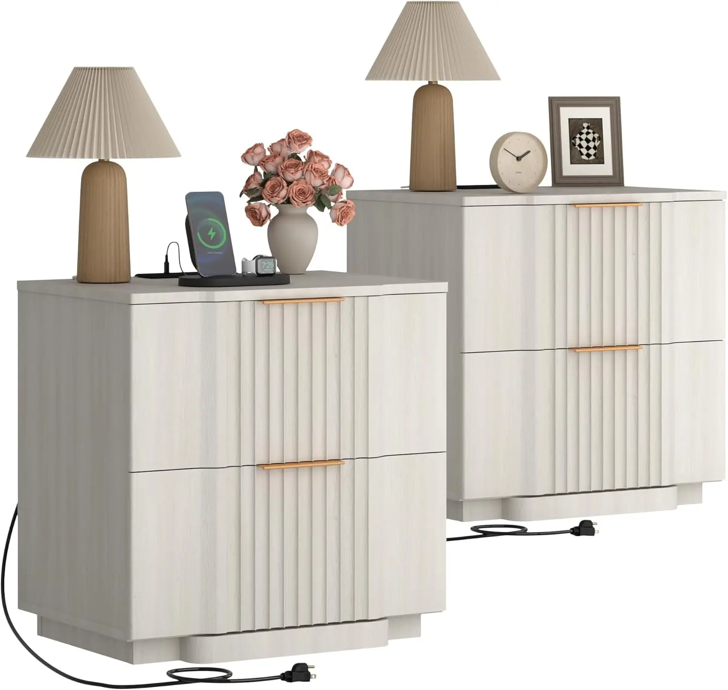 Yechen Set of 2 Modern Fluted Front 2-Drawer Wood Nightstands - 20W Fast Charging Station, Reinforced Base Wide Bedside Storage Tables, Modern Furniture (White, Natural Oak, Black), Wood/Metal, Side Tables