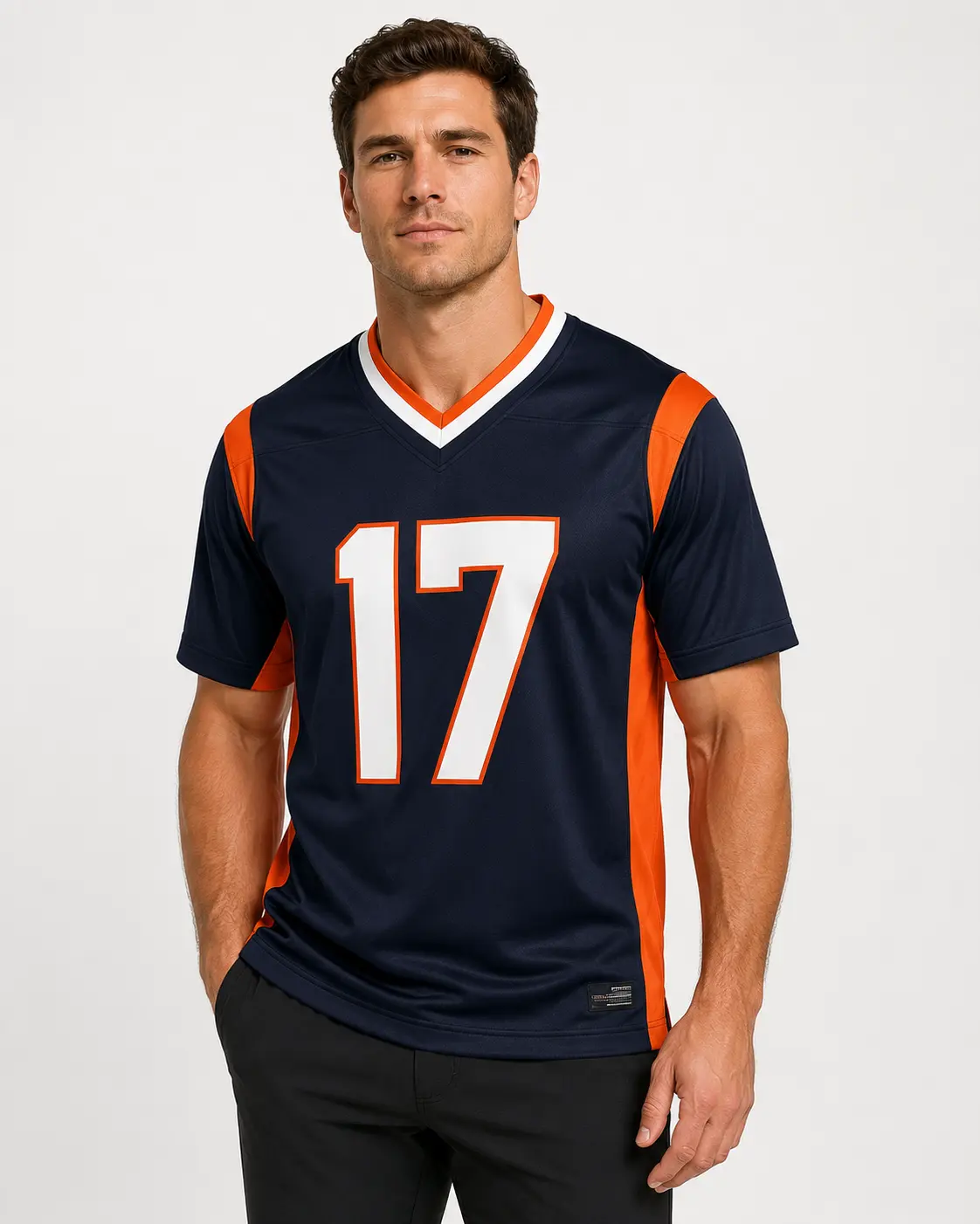 Men’s Navy Blue & Orange No. 17 American Football Jersey – Short Sleeve V-Neck Game Day Fan Shirt