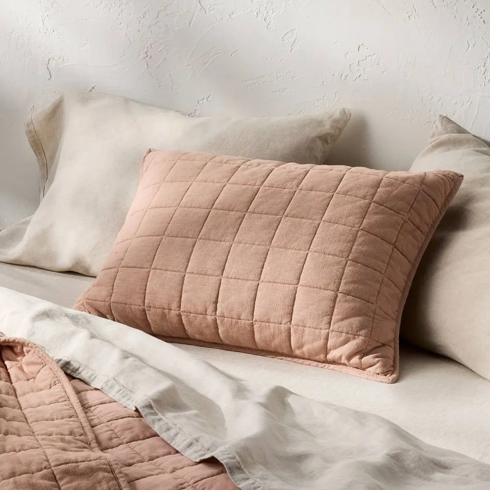 Casaluna King Quilted Heavyweight Linen Blend Quilt Sham, Light Adobe Clay - for Bedroom Decor, Home Interiors