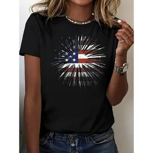 Women's Patriotic American Flag Print T-Shirt 100% Cotton Crew Neck Short Sleeve Casual Tee Top Womenswear