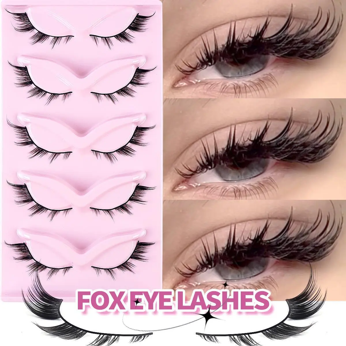 Fox Eye Look Faux Strip Lashes, 5 Pairs Natural Curling Full Volume Lash Extensions, Volumized False Eyelashes for Women and Girls, Eye Makeup