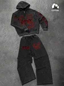 Unisex Dark Style Loose Zip Hoodie Set, Washed Vintage Warm Wide Leg Sports Pants, Distorted Pattern Print, High Street Casual Home Wear