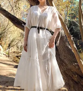 Ramie Milkmaid Dress - Puff Sleeve Sheer Peasant Dress, Chemise style Underdress, Natural White