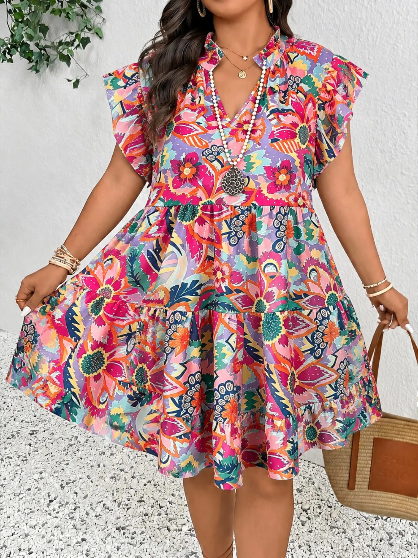 Plus Size Boho Bohemian Tropical Floral Print Summer Boho Beach Sundress, Deep V Neck, Vneck, Loose-Fitting, Knee Length, Casual Daily Wear, Women's Fashion, Womenswear
