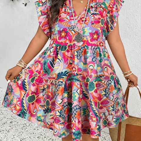 Plus Size Boho Bohemian Tropical Floral Print Summer Boho Beach Sundress, Deep V Neck, Vneck, Loose-Fitting, Knee Length, Casual Daily Wear, Women's Fashion, Womenswear