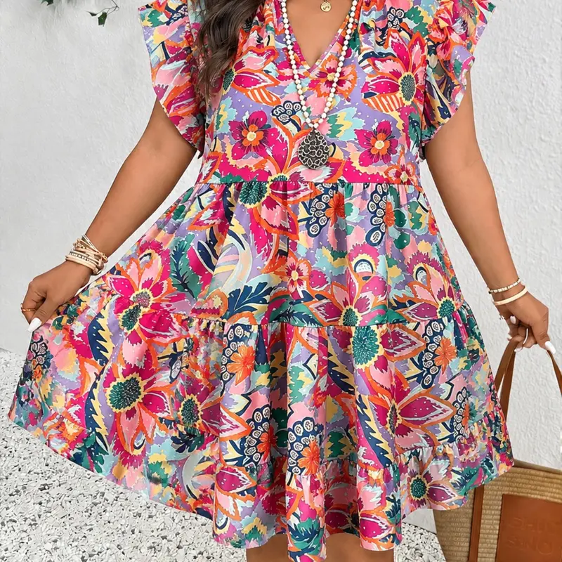 Plus Size Boho Bohemian Tropical Floral Print Summer Boho Beach Sundress, Deep V Neck, Vneck, Loose-Fitting, Knee Length, Casual Daily Wear, Women's Fashion, Womenswear
