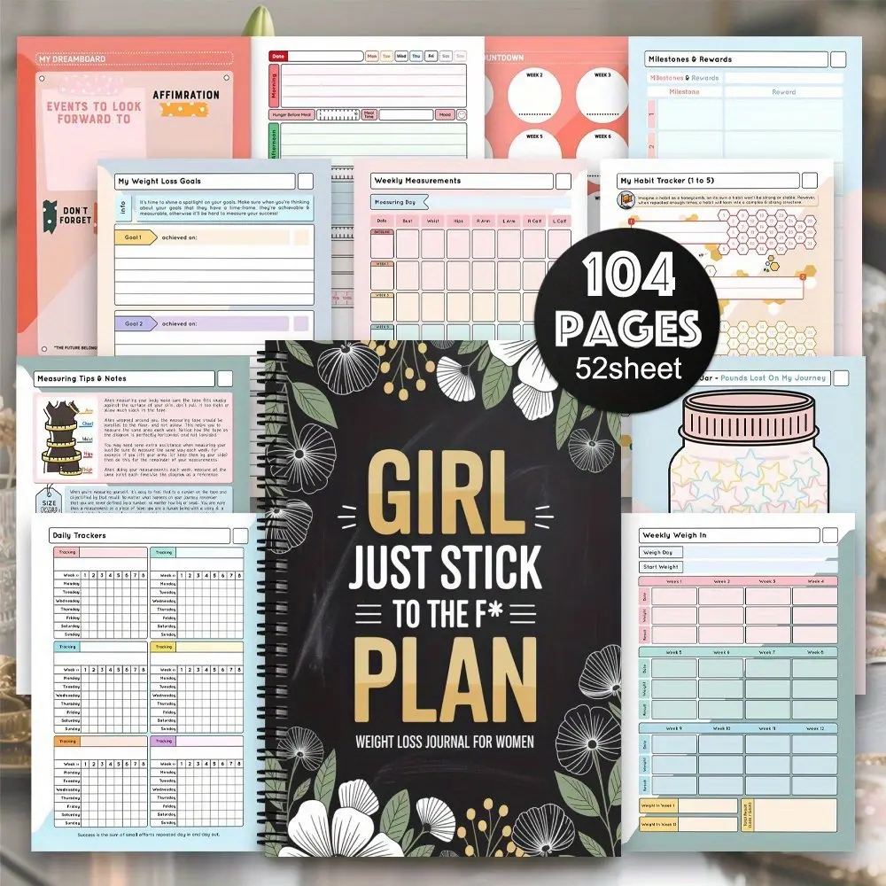 Weight Loss Plan and Health Journal, 52-Week Fitness Log, Weekly Measurements, Guided Fitness Programs, Daily Workouts, Progress Tracking, Motivational Quotes, Female