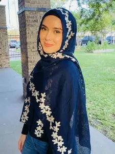 Women's Long Jersey Hijab Scarf Head Scarf, Modesty, Muslims, Breathable Fabric Geometric Flower Embroidery Design, Comfortable Wear Suitable for Various Occasions