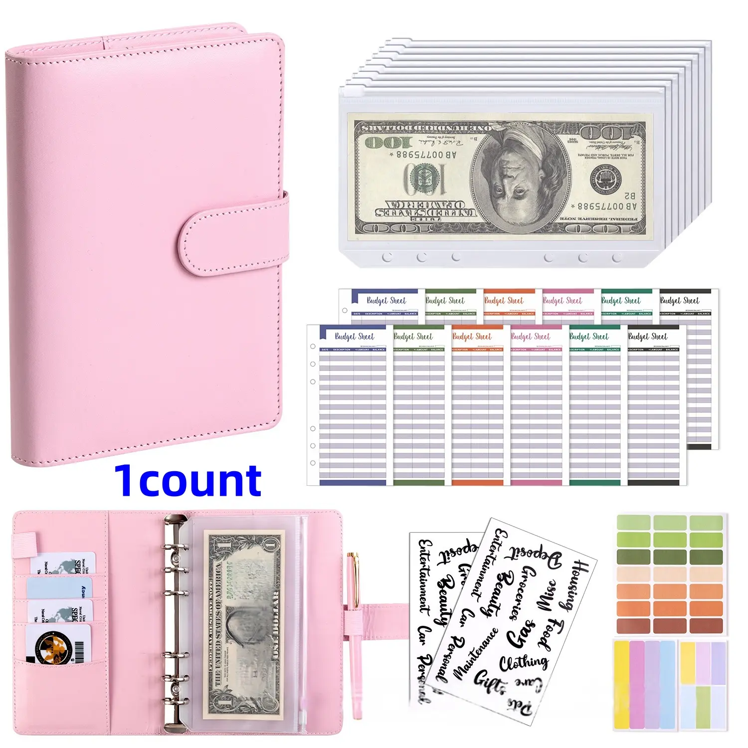 Budget Card Book Set with Zipper Pouches, 8 Ring Binders, 12 Budget Cards, 2 Stickers, Ideal for Home, School, Office, Dormitory, Budget Planners