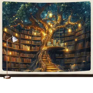 Cherry Velvet Fantasy Library Rug, Charming Tree Wall Decor, Bedroom or Classroom Decoration, Vintage Book Art, Winter Holiday