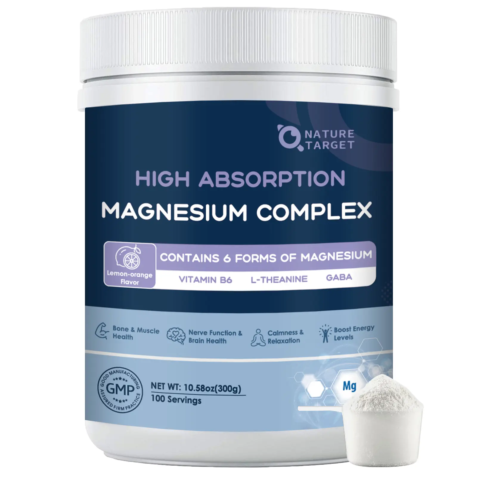 NATURE TARGET Magnesium Powder Supplement with Glycinate, Citrate, Malate, Magnesium Complex with L-Theanine & Vitamin B6 for Muscle, Heart & Brain, Vegan, 10.58 oz (100 Servings), Lemon Orange Flavor, Heart Support Mineral Supplements, Cognitive Support