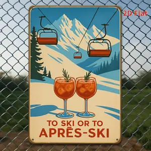 Vintage Skiing and Apres Ski Metal Wall Art Featuring Retro Ski Resort Scene with Gondolas and Martini Glasses Heavy Duty Iron Construction for Ski Lodge Decor