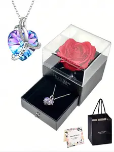 1 Pcs Preserved Real Red Rose With Heart Shaped Necklace I Love You -Eternal Flowers Rose Mother's Day Gifts For Mom Grandma Wife Girlfriend Birthday Anniversary Romantic Gifts From Exquisite Jewelry Gift