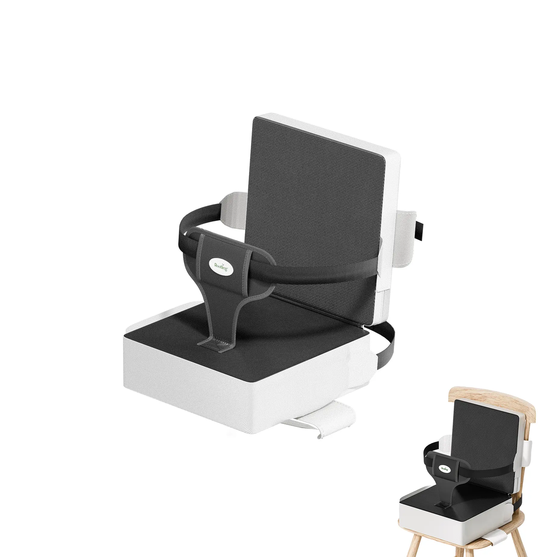 Rooting Toddler Booster Seat for Dining Table Chair with Back Support, 4-in Seat Cushion, Adjustable Straps, Portable Size for Kitchen Table Use, Black and White