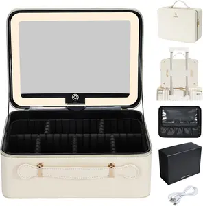 Leather Makeup Case with LED Lighted Mirror 11.4 Inch Travel Makeup Bag Adjustable Brightness in 3 Colors  Organizer Artist Storage Bag with Dividers Brush Holder Bag Vanity White