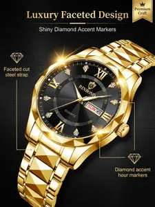 Men's Business Fashion Rhinestone Decor Analog Quartz Watch, Calendrier Waterproof Watch for Party, Daily Decor, Trendy Exquisite Watch for Birthday Gift with Box, Business Fashion Watches