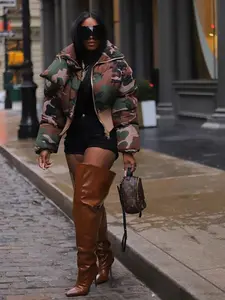 Women's Camo Patchwork Print Zip Up Quilted Jacket, Casual Long Sleeve Stand Collar Outerwear for Fall & Winter, Ladies Clothes for Daily Wear（gift） Womenswear Adjustable