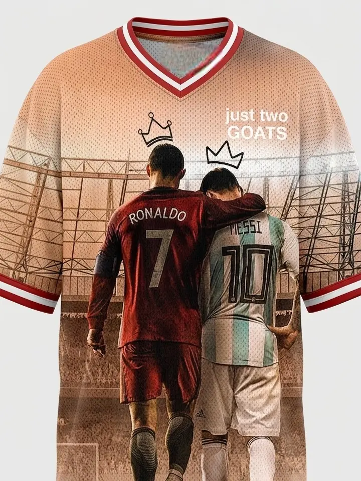 Messi #10 and Ronaldo #07 Epic Match Graphic Oversized Mesh Football Jersey Shirt - Iconic GOAT Dual Photo Printed Retro V-Neck Streetwear Soccer Kit Top for Men