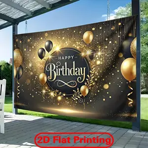 1pc 2D Flat Happy Birthday Backdrop Banner - Elegant Golden Black Balloon Design Confetti Dots Durable Polyester Fabric Wall Decor Indoor/Outdoor Parties Photo Backdrops Home Office Decor ft Birthday